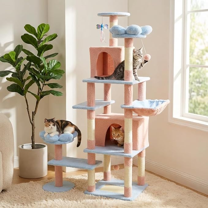 Flower Cat Tree 71 Inches，Large Cat Tower with 2 Detachable Flower Cushions and 2 Hiding Condo, Tall and Big Cat Tree with Hammock Bed, Interactive Toys and Scratching Posts for Indoor Cats (Blue)