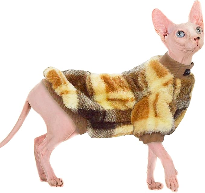 Sphynx Cat Sweater Plaid Hairless Cat Clothes Sweater Fleece Soft Warm Long Sleeves Pullover Pet Clothes Pajamas Dog Cloth for Small Dogs Jumpsuit Pet Sweaters (B-Plaid, Small)