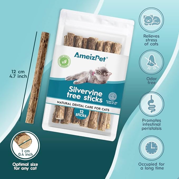 AmeizPet Catnip Sticks for Cats, Cat Dental Chew Sticks - Natural Matatabi Cat Dental Care, Silvervine Cat Teeth Cleaning (12 pcs)