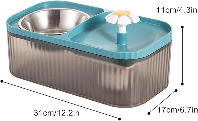 Cat Water Fountain and Food Bowl 2-in-1 Automatic Pet Water Dispenser with Flower Smart Pump USB Cat Waterer Fountain Cute Cat Food and Water Bowl Set for Cats Kitty Dogs Multiple Pets(Blue)