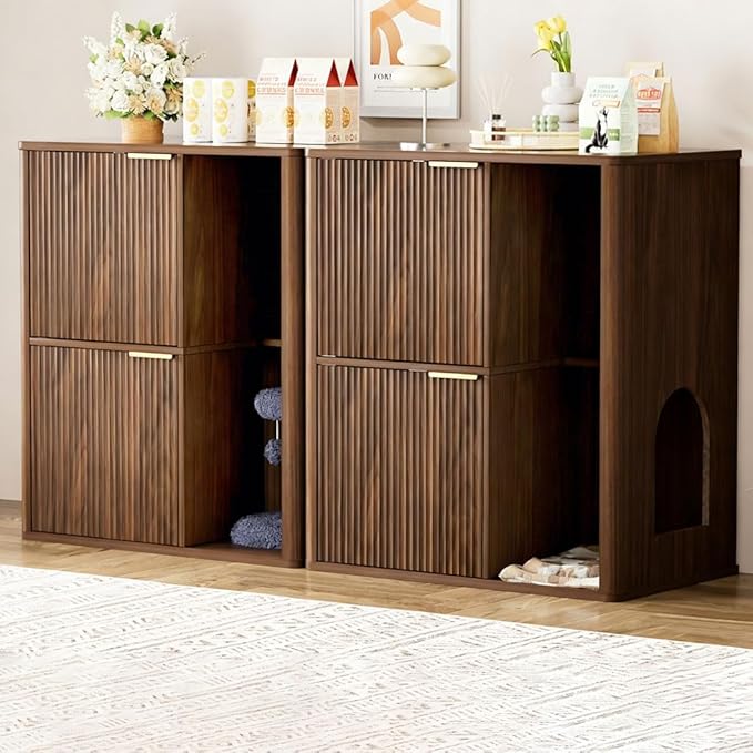 31.5" Cat Litter Box Enclosure Furniture, Fluted Hidden Litter Box Cabinet with Storage Shelf & Scratching Post, Wooden Cat House Side Table with Dual Entry Doors for Indoor Cats, Natural,Walnut
