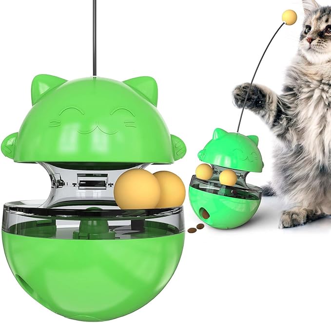 Interactive Cat Toy for Indoor Cats Wobble KittenTreat Dispensing Ball Food Dispenser Puzzle Slow Feeder Balls Kitty Stimulating Indoor Interactive Brain Game Toys Gift (Green)