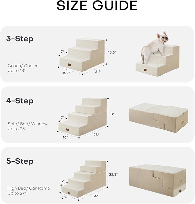 ABCPET Dog Stairs for High Bed, Dog Steps for Bed Couch Sofa, 35D Foam Extra Wide Pet Steps for Small Dogs and Cats, Pet Stairs with Non-Slip Bottom Beige, 4 Steps