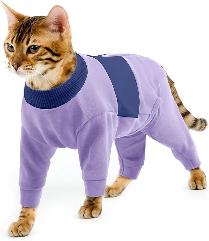 QBLEEV Cat Clothes, Soft Cat Sweaters for Cats Only, Kitten Surgery Recovery Suit Onesie Pajamas, Four Legs Cats Shirts Apparel Clothing for Hair Loss Prevention, Purple, L