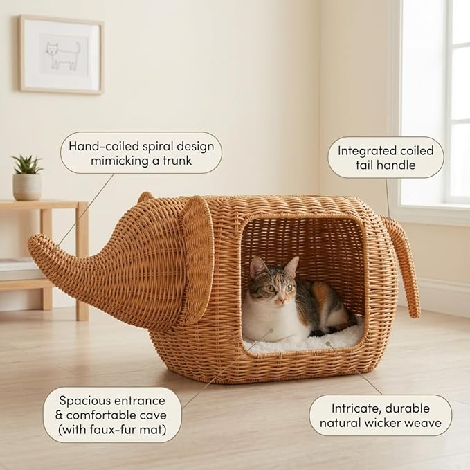 PAWZ Road Elephant Wicker Cat Bed Indoor&Outdoor, Handwoven PE Rattan Cat Condo with Removable Cushion, Breathable Waterproof Pet House Furniture for Indoor Cats