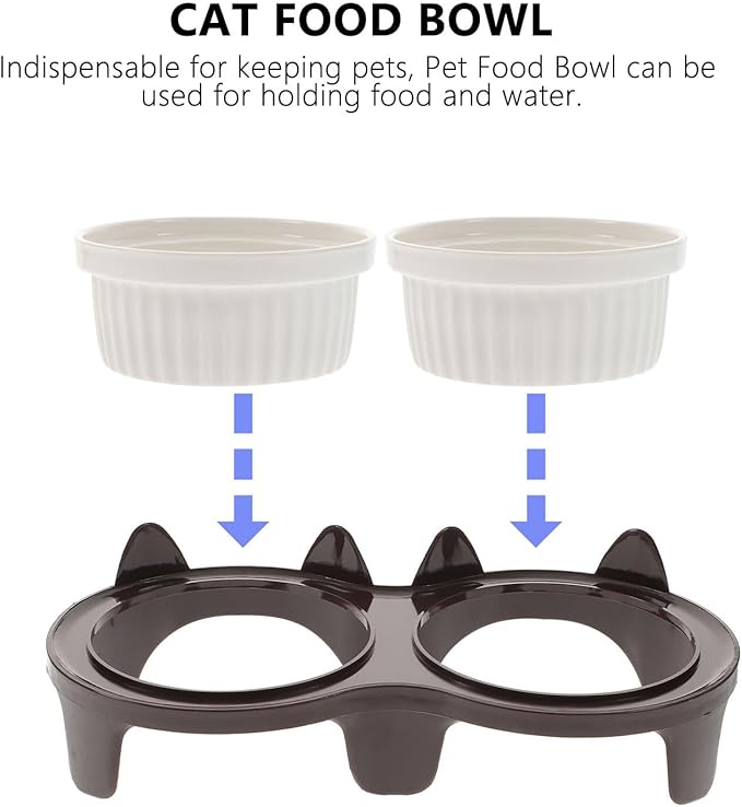 Ceramic Elevated Cat Bowl Set with Thick Double Bowls and Brown Sturdy Stand, Angled Feeding and Watering Dish for Indoor Cats and Kittens