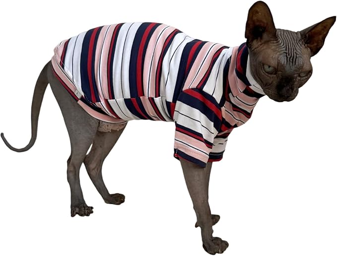 Vintage Stripes Sphynx Hairless Cats Shirt Cotton Cat Turtleneck Pet Clothes Kitten T-Shirts with Sleeves for Sphynx Cornish Rex, Devon Rex, Peterbald (Gentlemen, Medium (Pack of 1))