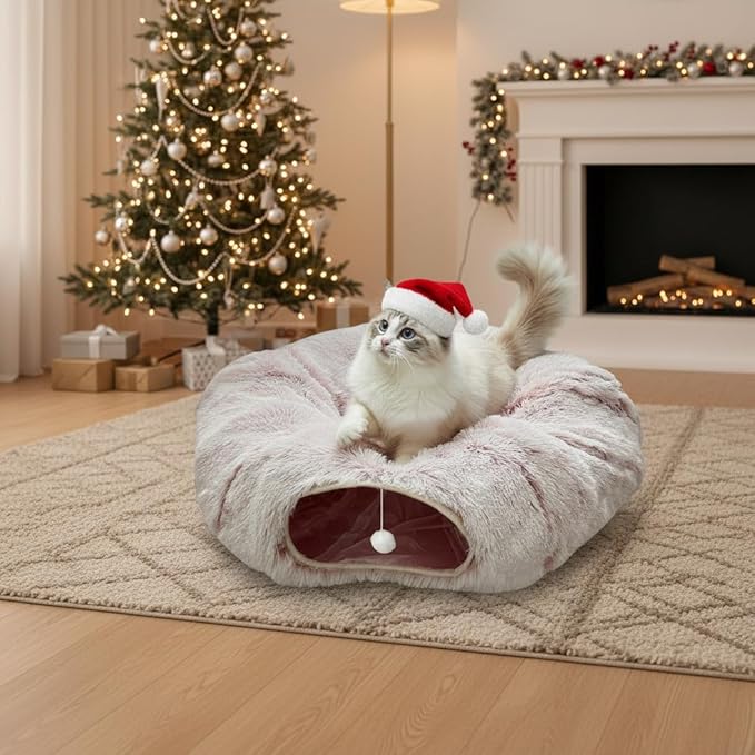 AUOON Cat Tunnel Bed for Indoor Cats - Large Cat Donut Tunnel with Hanging Ball Toy, Collapsible 2-in-1 Multifunctional Interactive Cat Toy for Kitten, Puppy, Rabbit, Ferret (Light Pink)