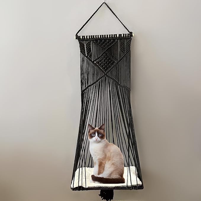 Macrame Cat Hammock - Hanging Cat Swing Bed for Indoor Sleeping, Playing, Climbing, and Lounging (Black)