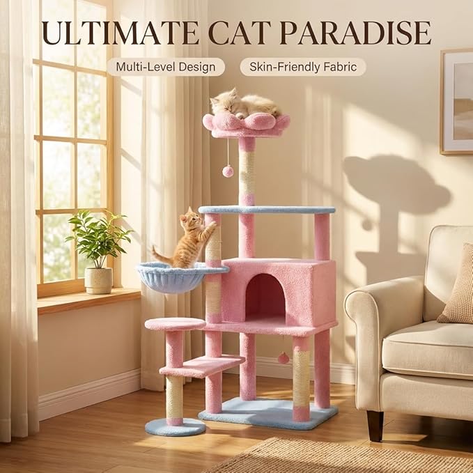 Flower Cat Tree 56 Inches，Large Cat Tower with Detachable Flower Cushions and Hiding Condo, Pink Cat Tree with Hammock Bed, Interactive Toys and Scratching Posts for Indoor Cats