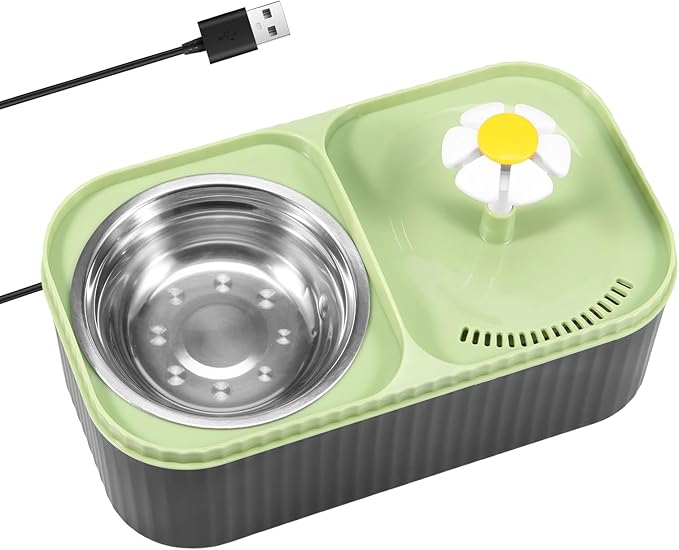 Cat Water Fountain and Food Bowl, 3L Ultra Quiet Pet Water Dispenser with Quadruple Filtration System,Cat Feeding & Watering Supplies, Automatic Flower Fountain & Stainless Steel Bowl for Cats (green)