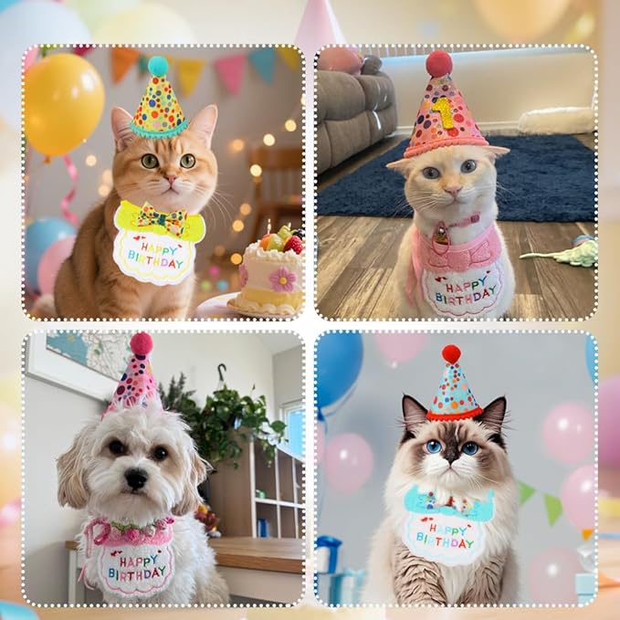 Cat Birthday Party Supplies, Girl Boy Cat Kitten Birthday Bandana Hat Numbers Decorations Outfits Set, Pink