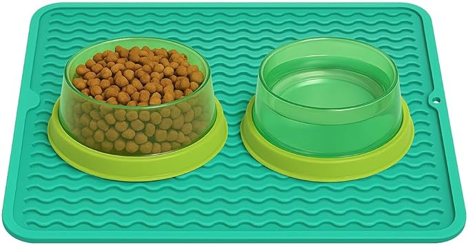 Silicone Pet Feeding Mat for Dogs, Cats, Small Animals, Non-Slip Waterproof Food and Water Mat with Raised Edge, BPA-Free Convenient Hook Storage by Dependable Industries (Mint Green, 12 x 16 inch)