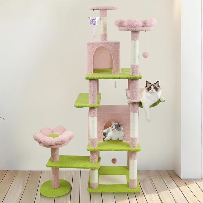 71" Flower Cute Cat Tree for Indoor Cats Large Adult, Tall Cat Tower with Scratching Post & Condo, Hammock, Aesthetic Cats Stand, Modern, Easy Assembly (Pink, 71" Tall)