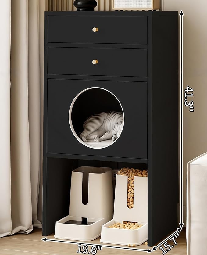 Multi-Function Cat House Furniture, Solid Wood Cat Condo with Storage Drawer, Pet Bed & Feeding Area, Compact Cat Cabinet (Black,19.6" L*15.7" W*41.3" H)