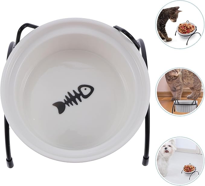 Ceramic Cat Bowl with Raised Iron Bracket, High Base Pet Food Feeder Set, White Fish Bone Bowl and Black Cat Ear Stand for Neck Protection and Indoor Feeding
