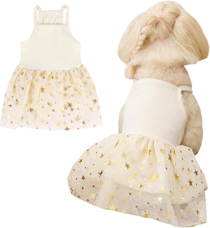 Dog Tutu Dress Cat Dogs Summer Tulle Slip Lace Dress Cute Puppy Glitter Star Skirt Pet Party Clothes for Small Medium Cat Dog (Yellow, X-Small)