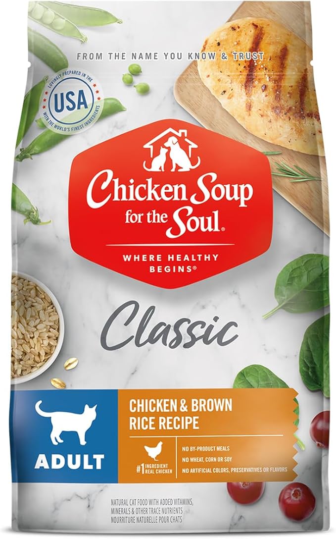 Chicken Soup for the Soul All Natural Premium Adult Dry Cat Food, Real Meat First Ingredient, No By-Products, Supports Heart, Gut & Immune Health, Chicken & Brown Rice, 12lb