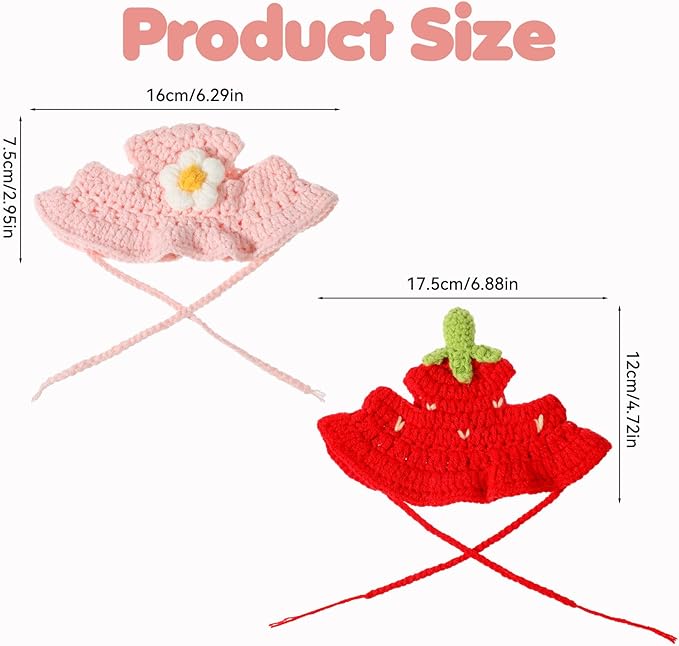 2Pcs Hat for Cat, Cat Hats for Cats Only Cotton & Soft Cute Knitted Hats Cats Apparel for Birthday Party Christmas Easter Travel Clothes Accessories (Strawberry and Flower)