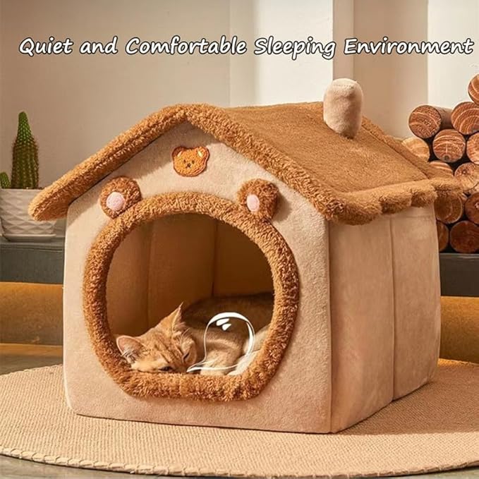 Cat Beds for Indoor Cats, Cute Bear Shape Cat Bed Cave, Pet House Cats Tent with Removable Cushion Pillow for Kittens Puppy Small Dogs (Brown, S-15.7x12.6x13.7in)
