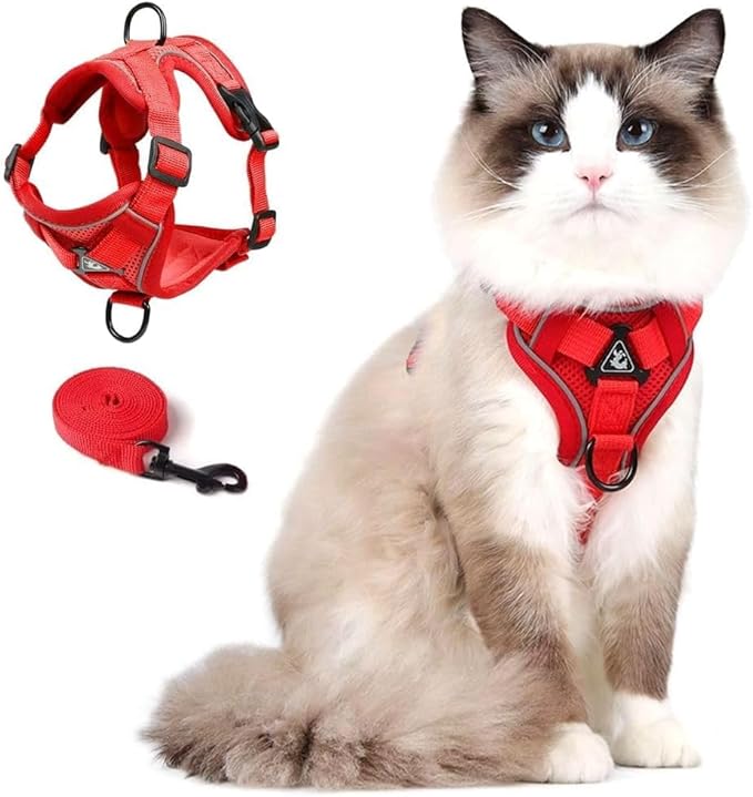 Cat Harness and Leash Set, Upgraded Escape Proof Adjustable Kitten Vest with Lead for Small Cat Outdoor Walking, Soft Breathable Mesh Jacket with Reflective Strips for Dark Night L Red2