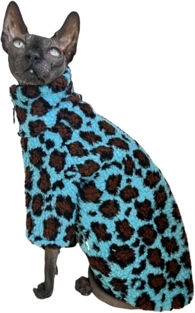 Turtleneck Sphynx Cat Winter Clothes, Double-Sided Fleece Jacket with Zipper, Sweater for Sphynx Cat Winter Warm Outfit Coat for Hairless Cats and Small Dogs Apparel with Sleeves (Leopard, Medium)