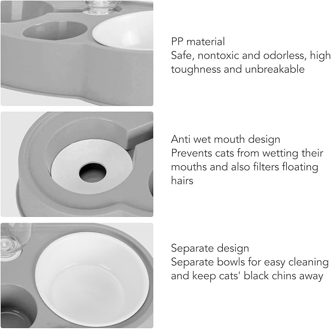 Double Pet Bowl Set, Non - Slip Stable 2-in-1 Food & Water Bowl with Automatic Water Dispenser Bottle, Feeding Station for Cats, Small Dogs and Mini Pets (Gray)