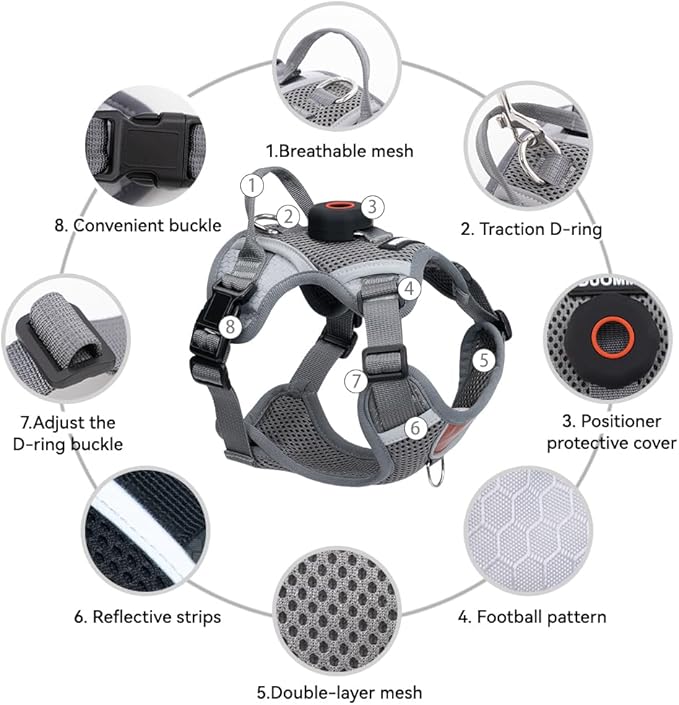 Cat Harness and Leash Set with AirTag Holder: Upgraded Escape Proof Vest with Lead for Small Dog Puppy Large Cat Walking，Soft Breathable Mesh Coat with Reflective Strip (Grey, M)