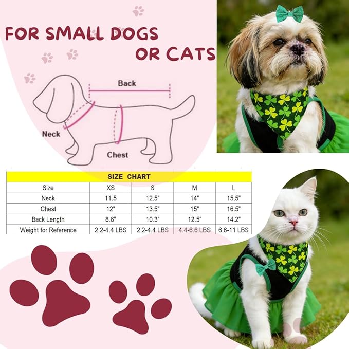Small Dog St. Patricks Day Outfit Green Dress, Bandana & Bow Clip 3 Piece Irish Pet Cat Costume Accessories S