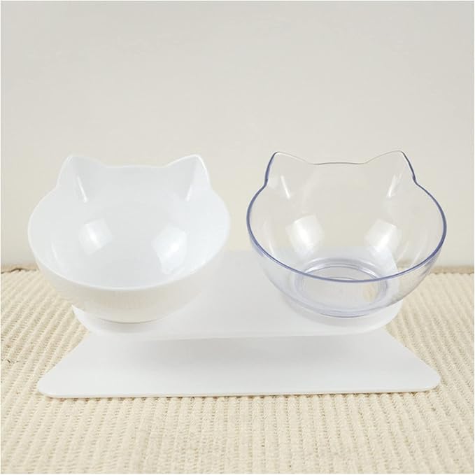Cat Double Bowl Dog Non-Slip Food with Raised Stand Feeding & Watering Supplies Pet(White x Transparent)