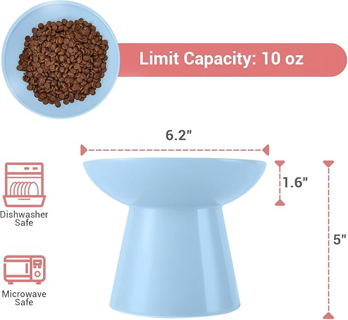 CEEFU Extra Wide Elevated Ceramic Cat Bowl, 6.2" Shallow Dish for Whisker Fatigue Relief, 5" Height for Easy Feeding, Durable Raised Cat Food Bowls, Pack of 2, Blue