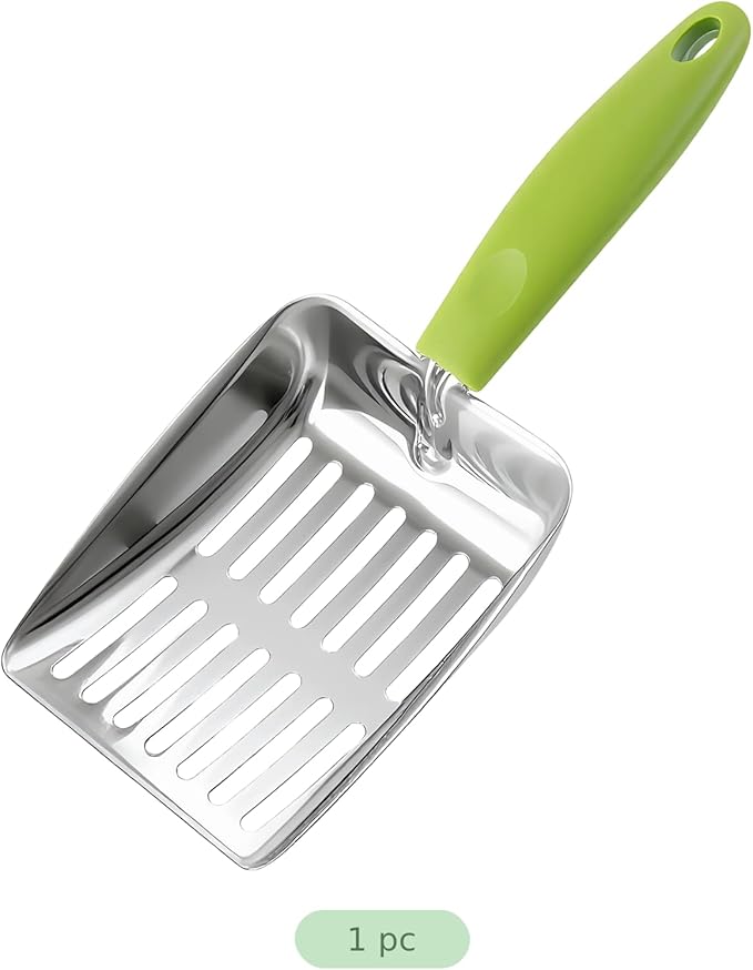 Cat Litter Shovel, Green, 430 Stainless Steel Metal Scooper with 5 Mm Fine Holes, 10.2 X 5.2 X 1.2 in, Non-Slip Pp Handle for Easy Cleaning & Storage
