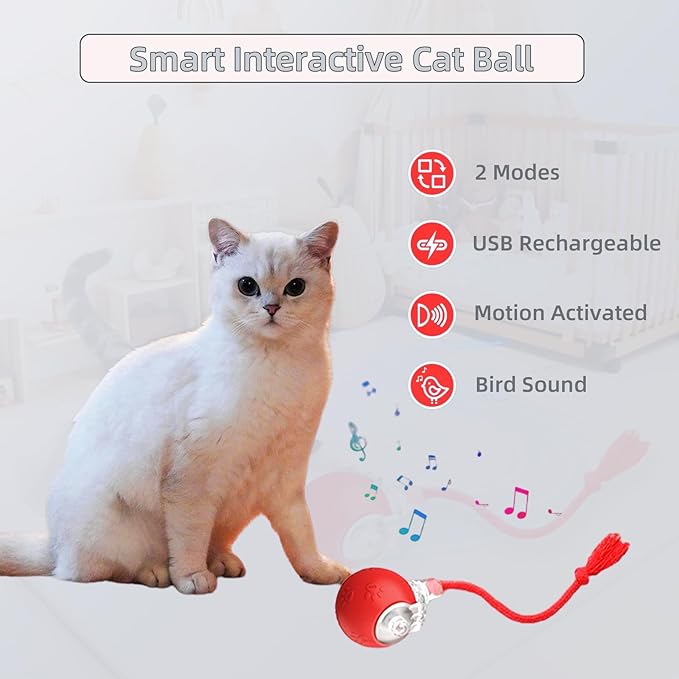 2-in-1 Automatic Moving Ball Cat Toy with Teaser Wand - Interactive Self-Moving Toy with Bird Sounds & LED Lights, Rechargeable Motorized Play for Indoor Cats to Chase, Exercise(Blue)