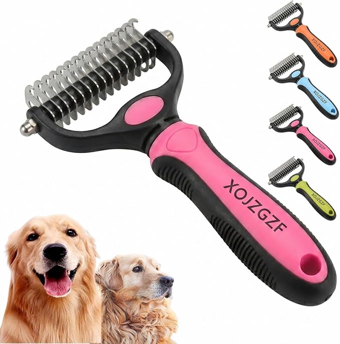 Professional Deshedding Tool for Dogs & Cats, Pet Pro Grooming Tools, Indoor Cat Double-Sided Brush Rake, Pets Hair Remover Shedding, Long Haired Dog Brushes, Undercoat Combs Supplies(Pink-L)
