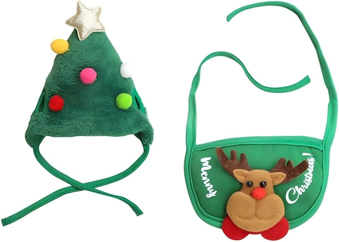 Christmas Tree Hat & Bib Set for Pets, Adjustable Dog Cat Costume with Pom-Pom for Xmas Party & Photos(S)