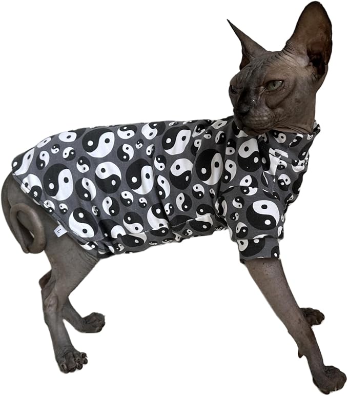 Tai Ji Feng Shui Sphynx Cat Cotton T-Shirts Hairless Cat Sweatshirt Pet Kitten Clothes Round Collar Kitten Shirts Vest Cats & Small Dogs Apparel (Ba Gua, S (3.3-4.4 lbs))
