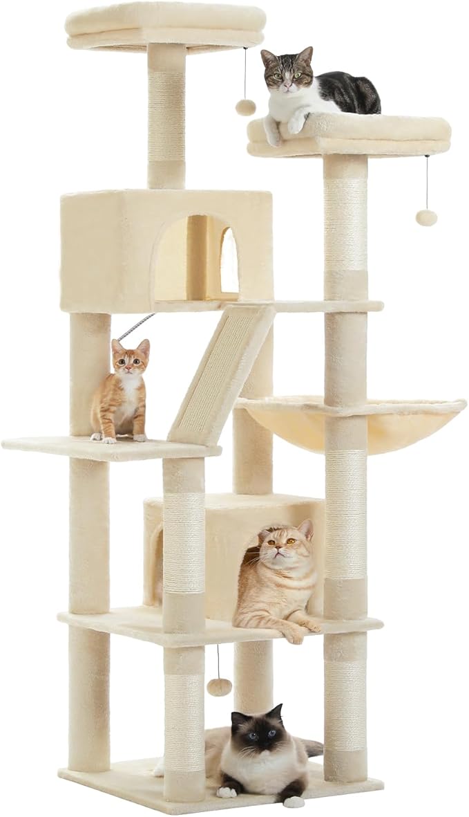 MUTTROS Tall Cat Tree 70.9", Large Cat Tower for Indoor Cats, Multi-Level Plush Cat Condo with 6 Scratching Posts, 2 Scratching Boards, 2 Perches, 2 Caves, Hammock, 2 Pompoms, Beige