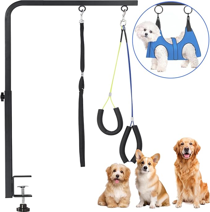 Dog Grooming Arm with Heavy-Duty Clamp, 28" to 44" Height, Adjustable Dog Grooming Table Arm with No-Sit Holder, Grooming Restraint for Small Medium Large Dogs at Home or Salon