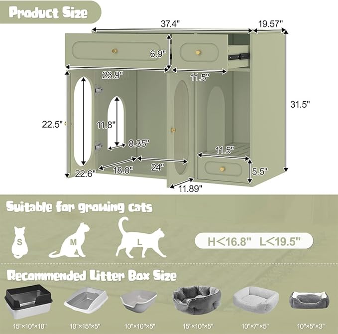 Hidden Cat Litter Box Enclosure Furniture with LED Light, Modern Litter Box Cabinet with Drawers & Acrylic Door, Multi-Entry Cat House Sideboard for Living Room, 37.4"W x 15.6"D x 31.5"H,Green