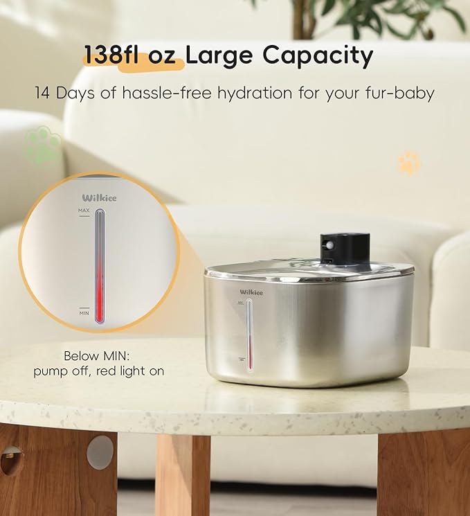 Cat Water Fountain Stainless Steel, 138fl.oz / 4.1L Cat Fountain, Pet Water Dispenser Cordless for Cats & Dogs Indoor
