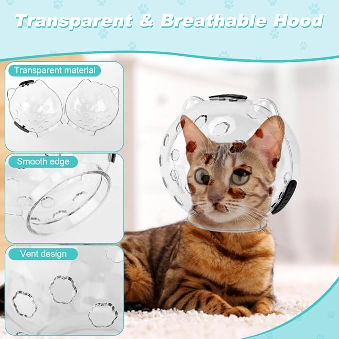 Cat Muzzle for Grooming, Transparent Cat Helmet with 4 Silicone Claw Covers, Adjustable Breathable Kitty Hood Anti Bite Bubble Astronaut Groomin Mask for Pet Bath Nail Trimming,S