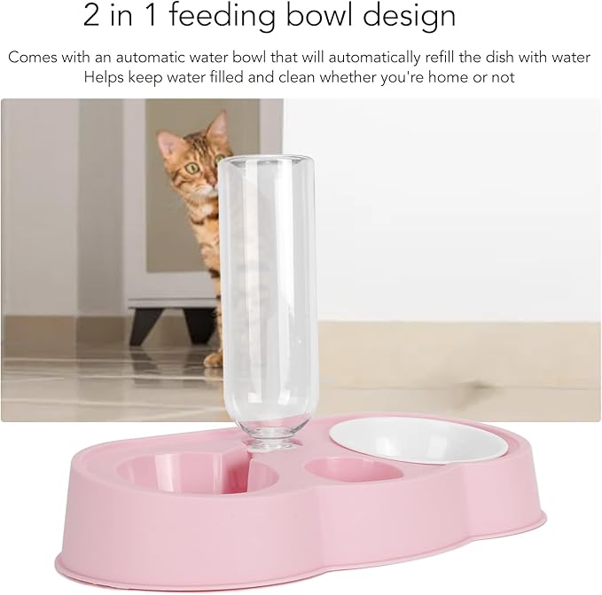 Double Pet Bowl Set, Non - Slip Stable 2-in-1 Food & Water Bowl with Automatic Water Dispenser Bottle, Feeding Station for Cats, Small Dogs and Mini Pets (Pink)