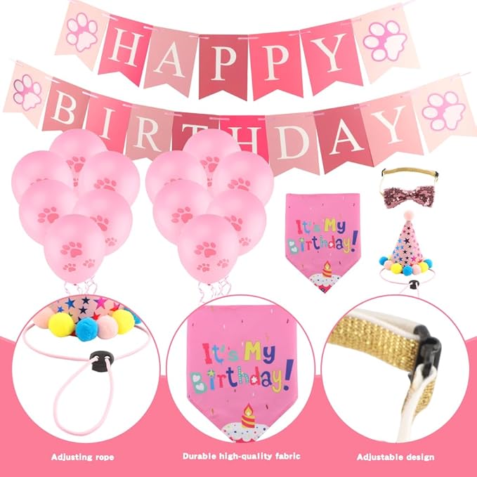 Cat Birthday Decorations Set - Cute Birthday Outfit with Hat, Bandana, Bow Tie, Balloons & Number Stickers for Kittens/Cats Party Photo Props & Festive Supplies
