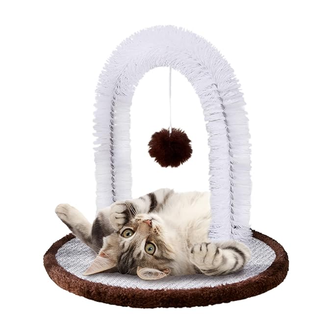 Cat Arch Self Groomer with Cat Toy Ball Cat Arch Scratcher Cat Hair Brush Cat Brush Arch Grooming Supplies Kitten Hair Massaging Brush with Dangling Ball