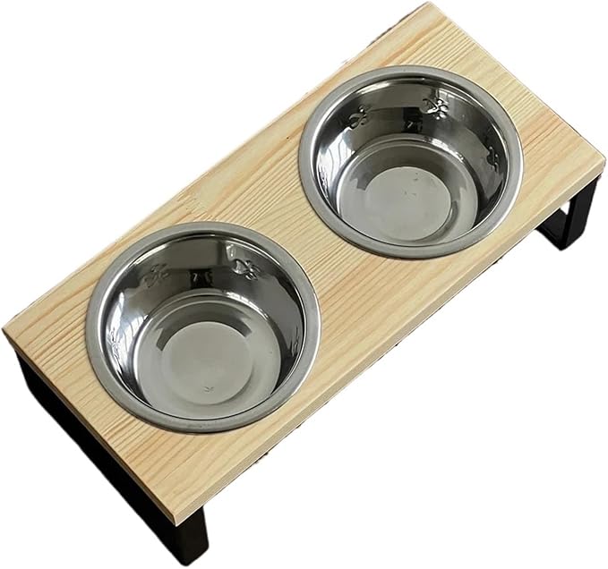 Cat Bowl Elevated Feeder Cats Food Water Dish Wooden Stand