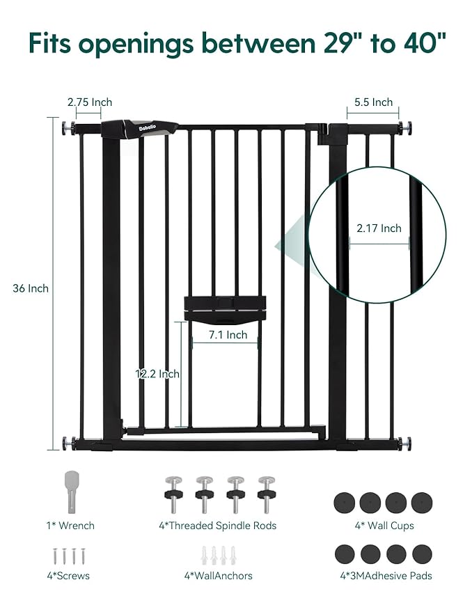 Babelio 36 Inch Extra Tall Baby Gate with Cat Door, 29.5-40" Metal Pet Door for Stairs, Doorways, House, Auto Close, Easy Walk Thru, Black
