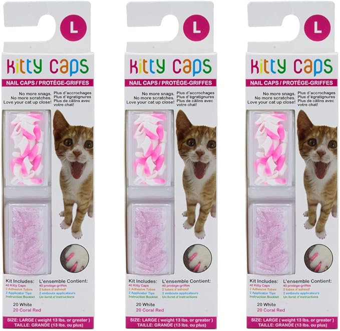 Kitty Caps Nail Caps for Cats | White with Pink Tips & Clear with Pink Glitter, 40 Count, Large - 3 Pack | Safe, Stylish & Humane Alternative to Declawing | Stops Snags and Scratches