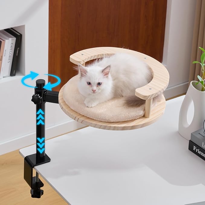 BYBYME Cat Desk Bed for Indoor Cats with Adjustable Height & 360° Rotation, Wooden Desk Kitty Nest for or Office Desks Home Tables, Wooden Desktop Kitten Furniture, 14" in Diameter (Light Oak)