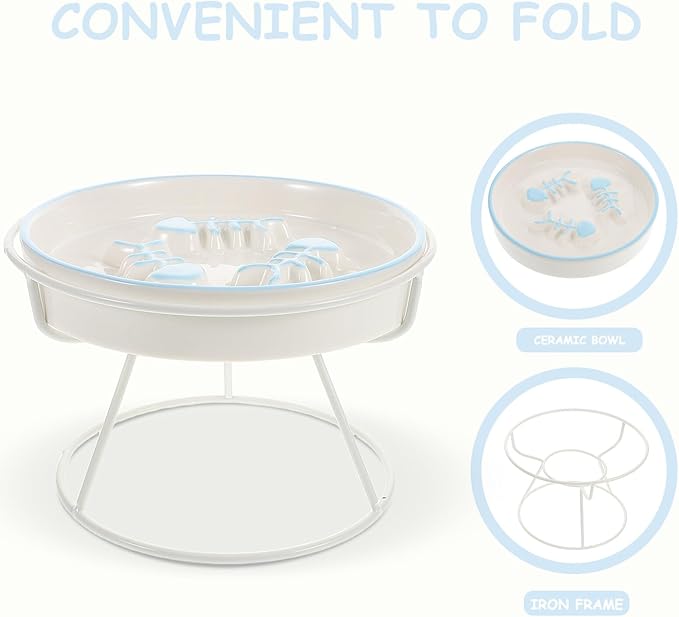 Yardwe Raised Ceramic Cat Bowl and Elevated Pet Feeding Station Slow Feed Food and Water Bowls with Stand Anti-Choke Slow Feeder for Cats Kittens and Small Dogs with White Three-line