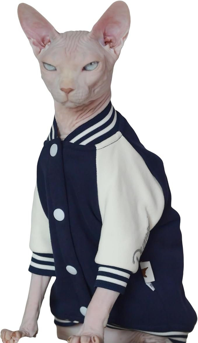 Fashion Warm Soft Thick Cat Winter Clothing, Soft Baseball Style Shirt for Sphynx, Devon, Cornish, Kitten, Hairless, Abyssinian, Small Cats (Blue, Small)